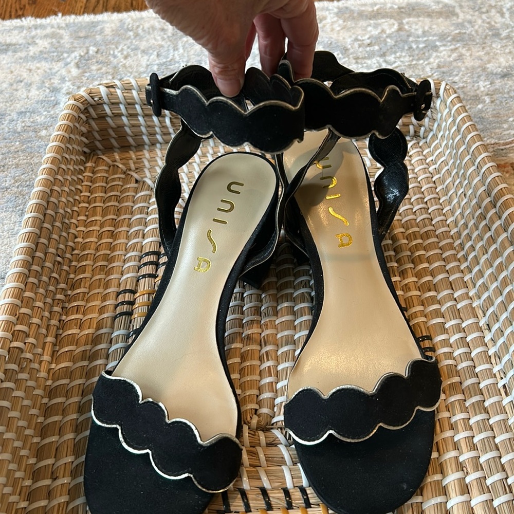Unisa Black and Gold Scallop Low Block Heels